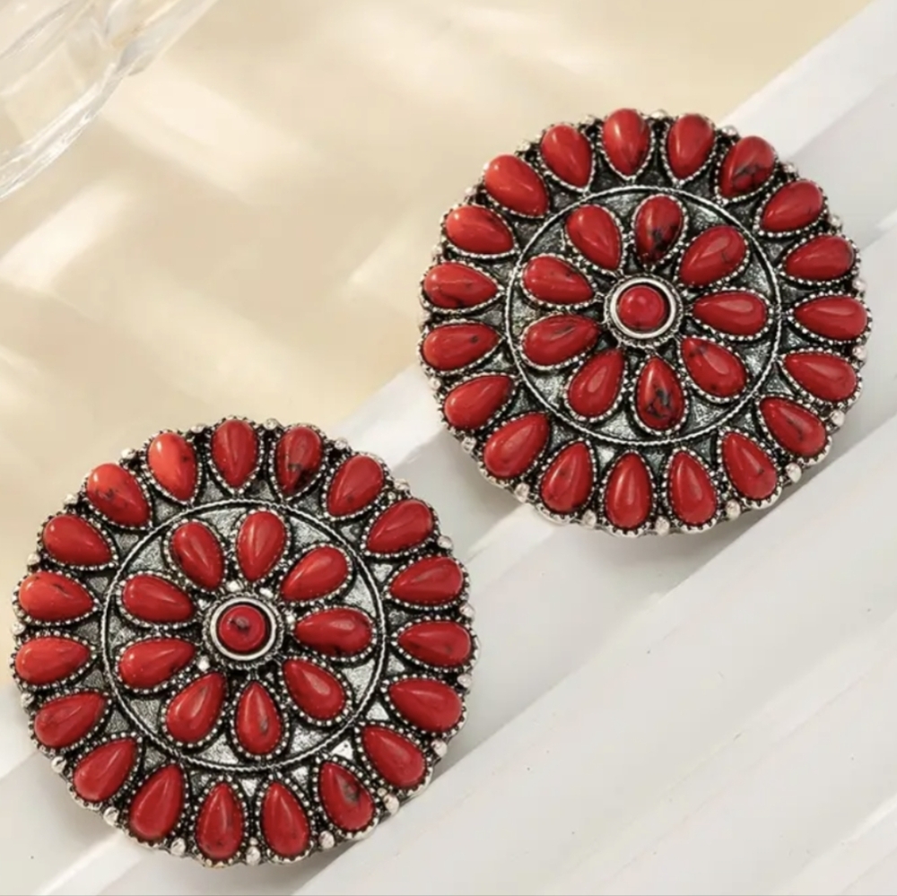 Round Stud Red turquoise Earrings